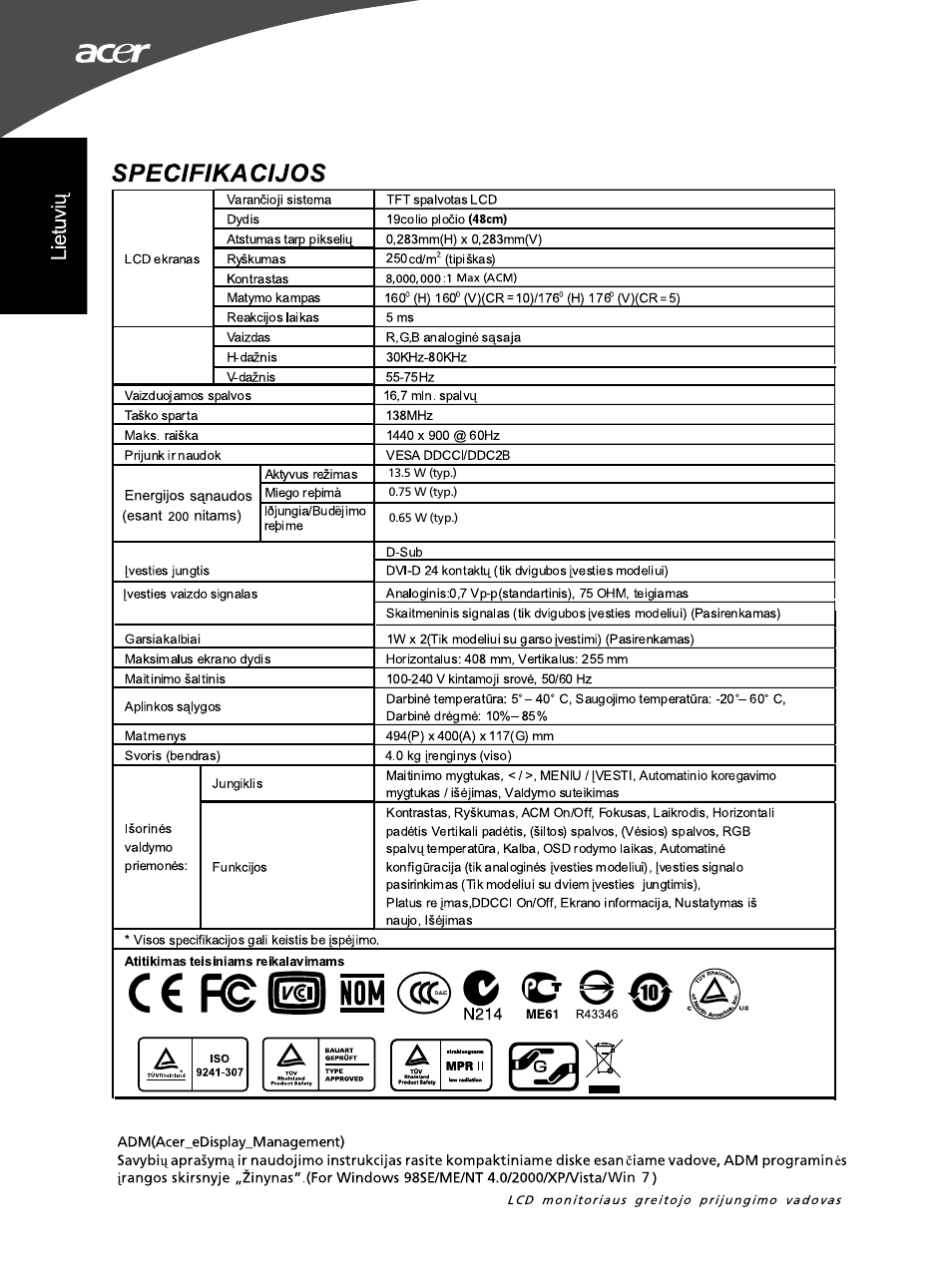 Specifikacijos, P^oüe | Acer G195WL User Manual | Page 44 / 56