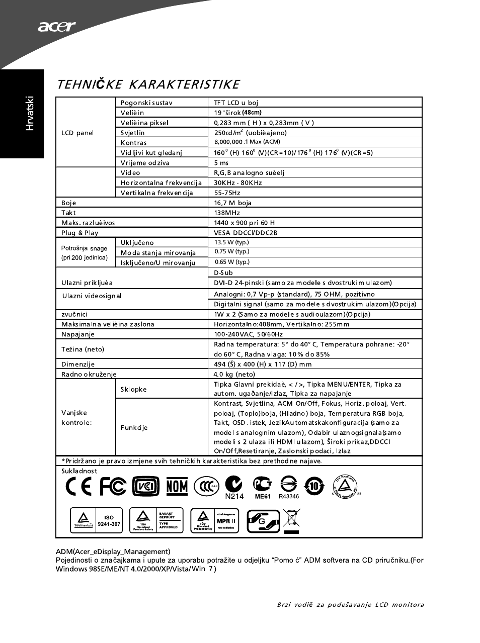 Teh nic ke karakteristike, C € f© ш nom @ © ф, Ee» m214 | Acer G195WL User Manual | Page 46 / 56