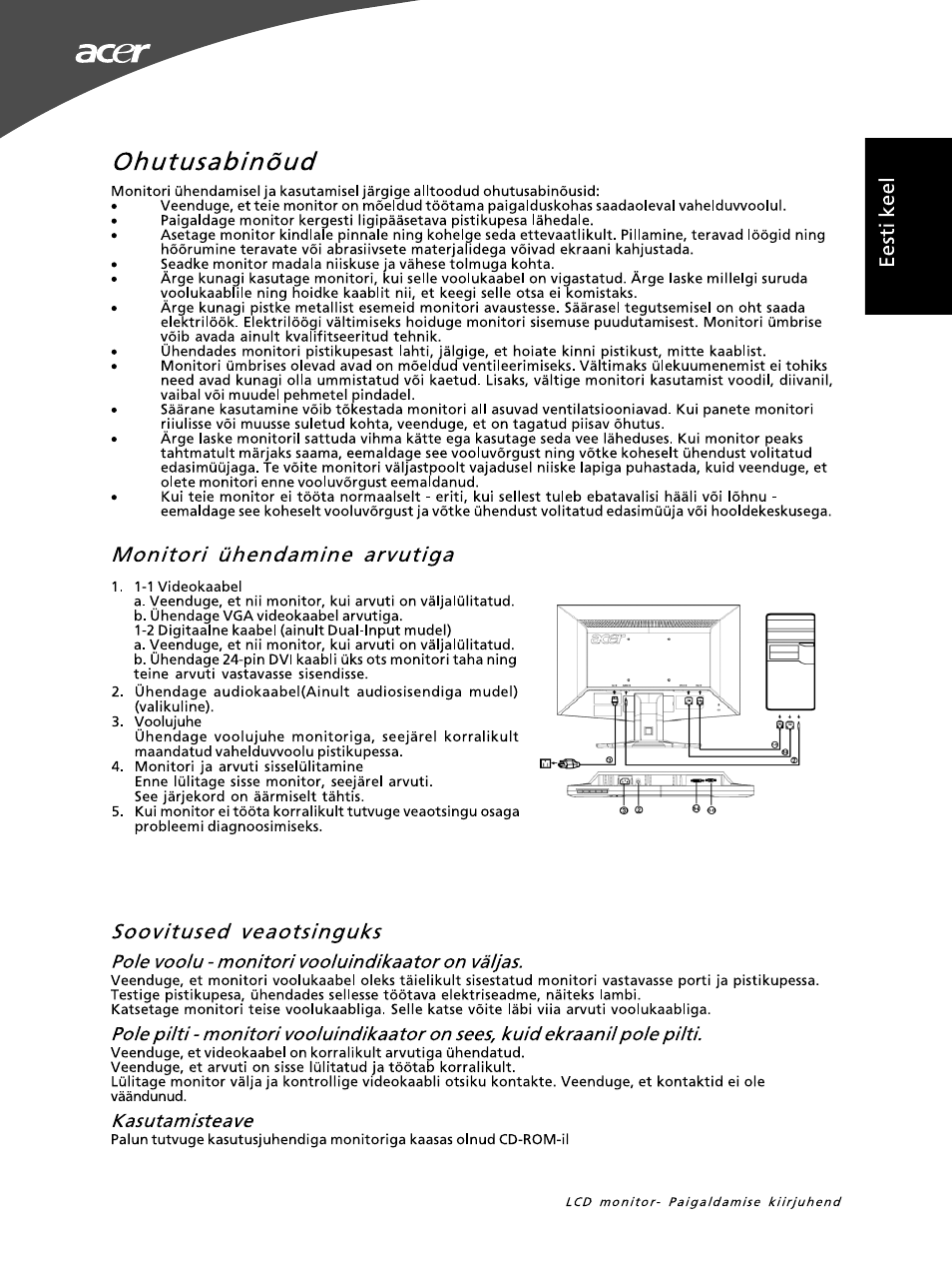 Ohutusabinöud, Foie vooiu - monitori vooiuindikaator on vaijas, Kasutamistea ve | Monitori uhendamine arvutiga, Soovitused veaotsinguks | Acer G195WL User Manual | Page 49 / 56