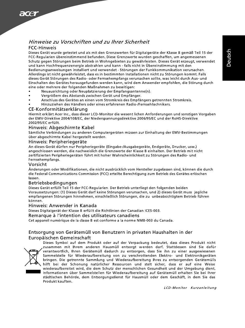 Ce-konformitätserklärung, Hinweis: abgeschirmte kabel, Hinweis: peripheriegeräte | Vorsicht, Betriebsbedingungen, Hinweis: anwender in kanada, Remarque à l'intention des utilisateurs canadiens | Acer G195WL User Manual | Page 5 / 56