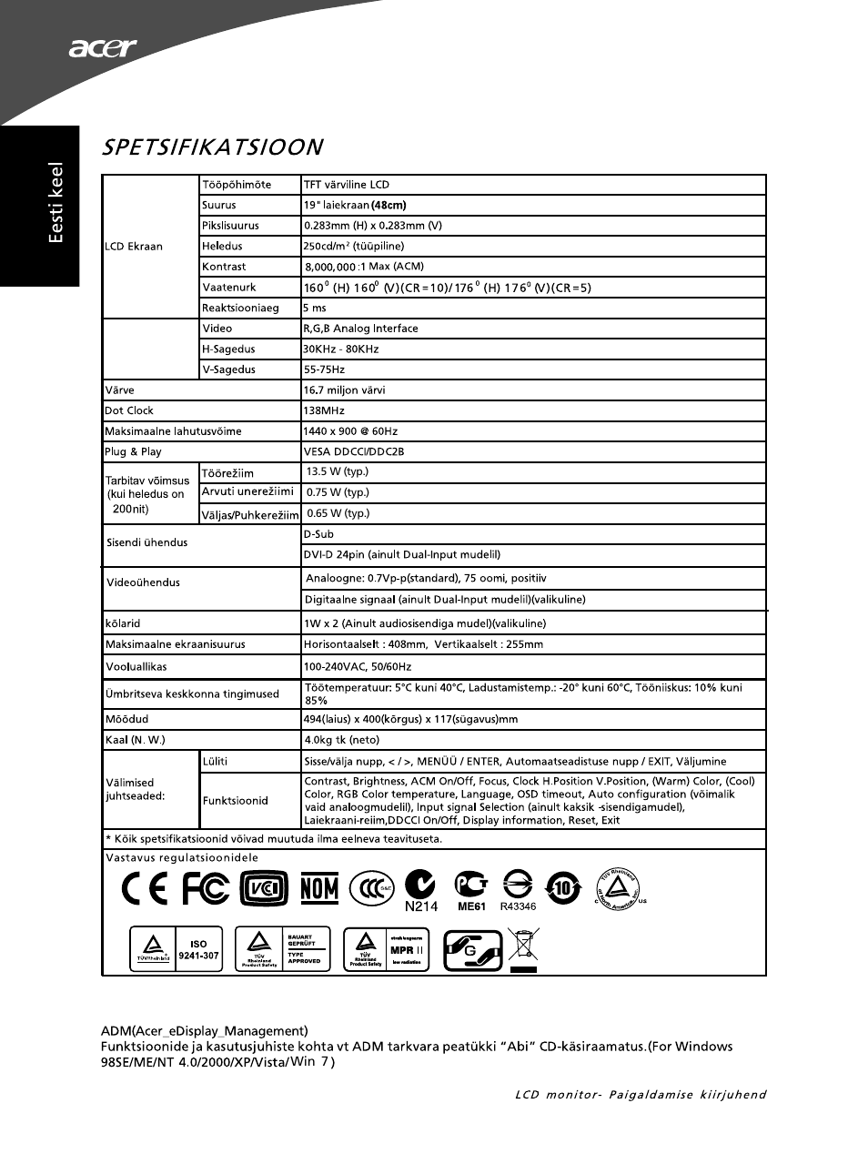 Spetsifika tsioon, C € f© s nom (© o | Acer G195WL User Manual | Page 50 / 56