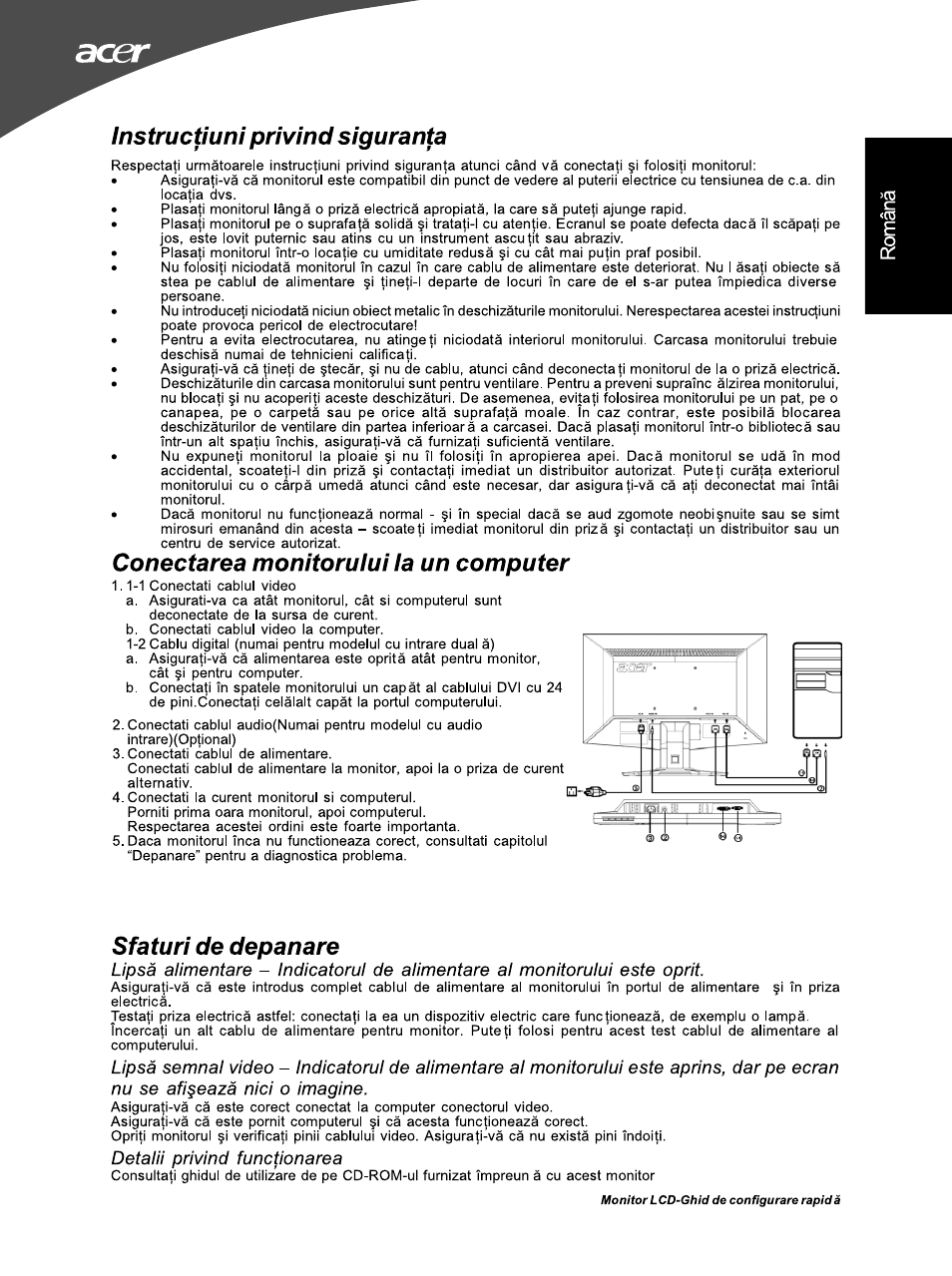 Instructiuni privînd sîguranta, Conectarea monitorului la un computer, Sfaturi de depanare | Detain privind functionarea | Acer G195WL User Manual | Page 51 / 56