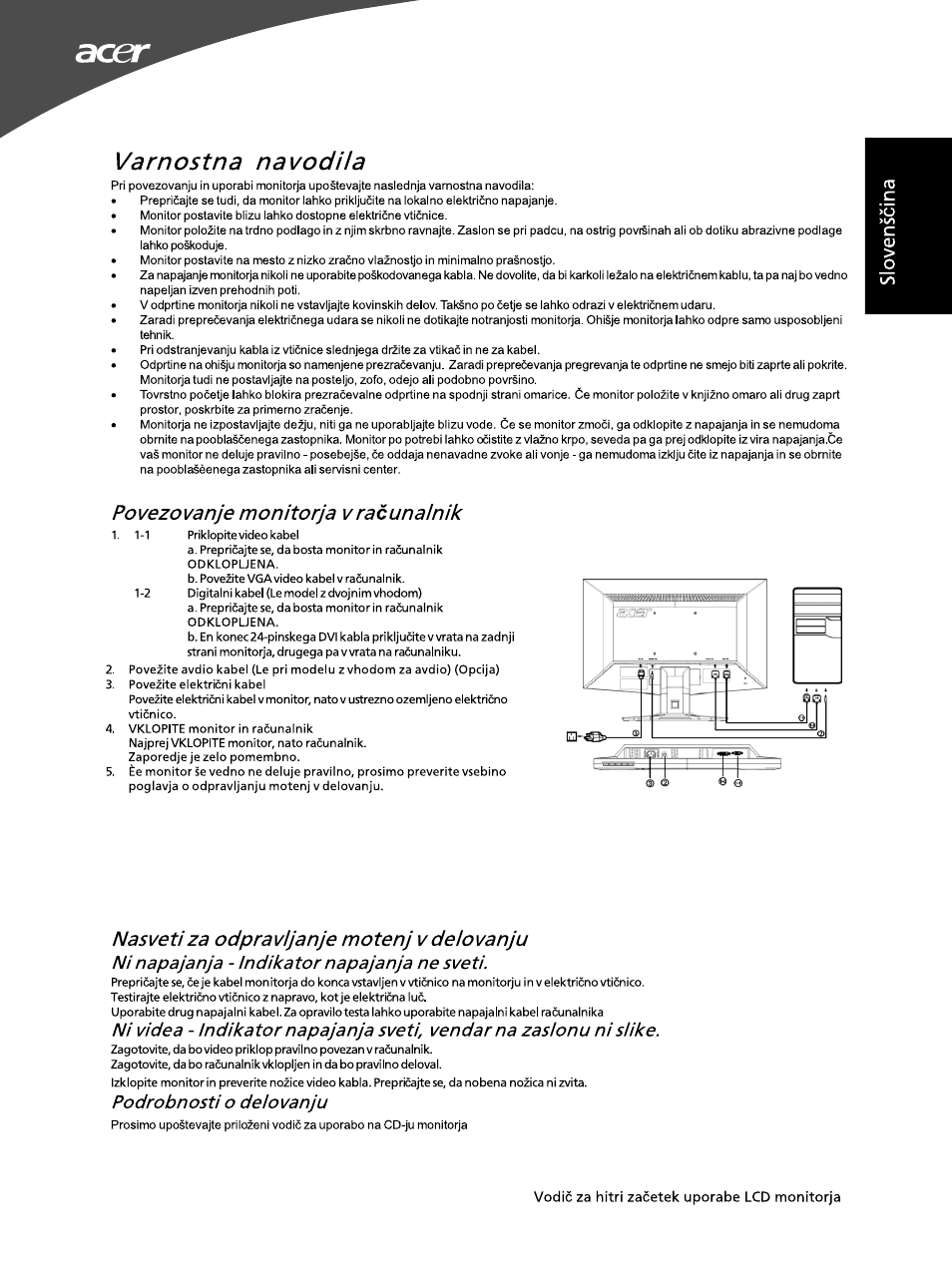 Varnostna navodha, Podrobnosti о deiovanju, Povezovanje monitorja vracunainik | Nasvetiza odpravljanje motenj vdelovanju, Ni napajanja - indika tor napajanja ne sveti | Acer G195WL User Manual | Page 53 / 56