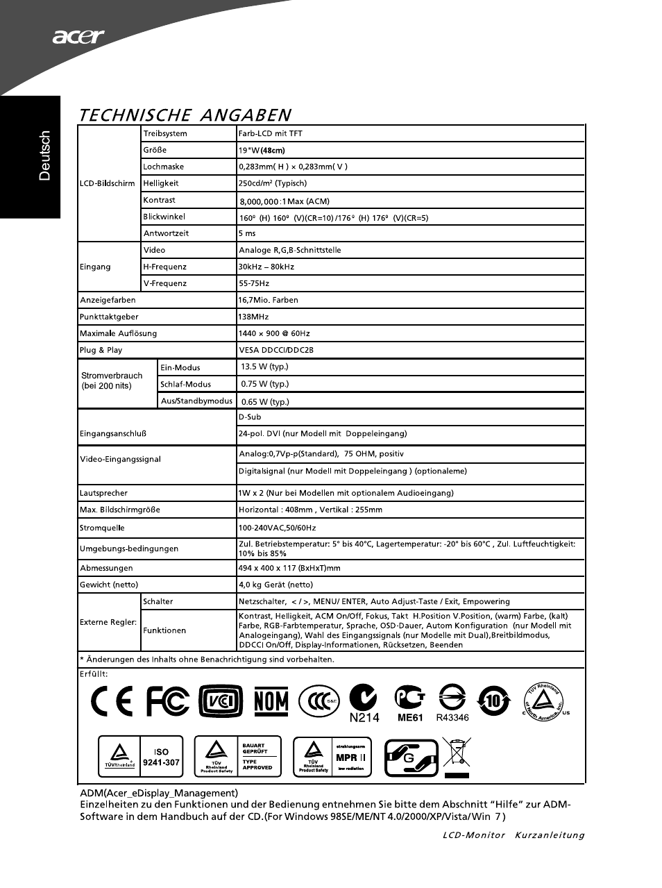 Technische angaben, C € f© nom @ o | Acer G195WL User Manual | Page 6 / 56