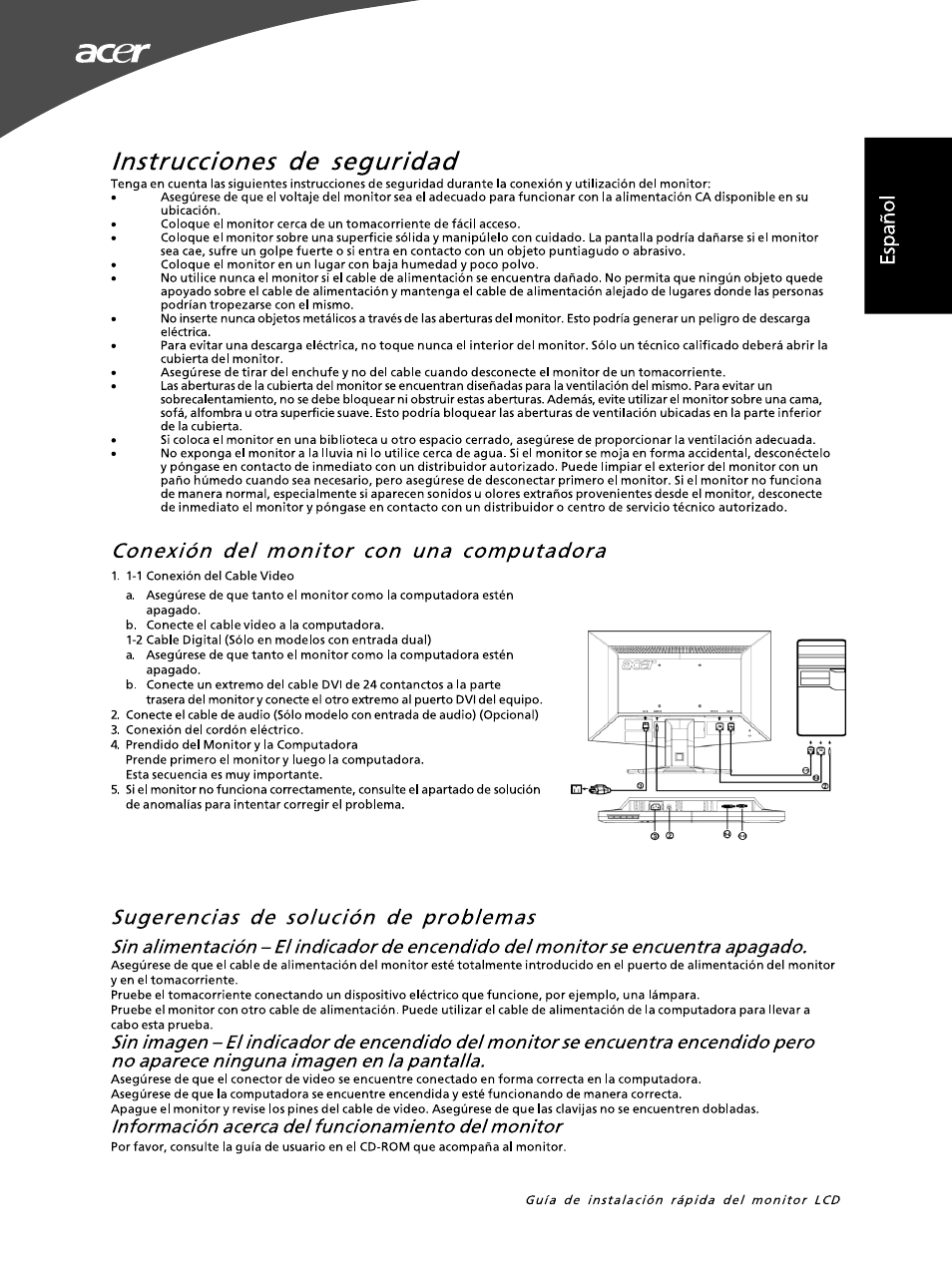 Instrucciones de seguridad, Conexión dei monitor con una computadora, Sugerencias de solución de probiemas | Información acerca dei funcionamiento dei monitor | Acer G195WL User Manual | Page 7 / 56