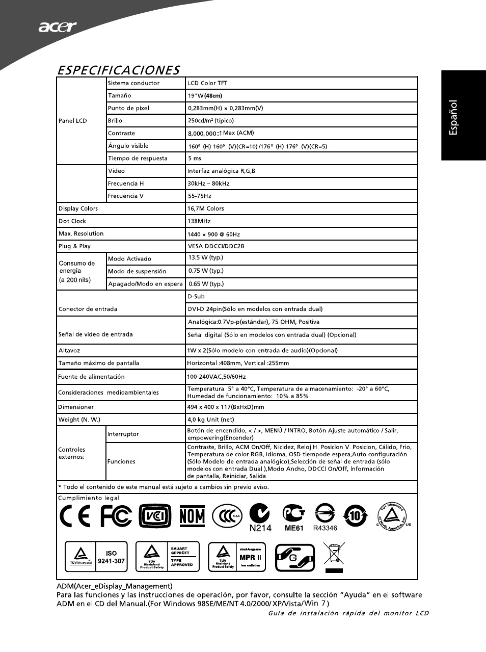 C € f, N o m, Especifica cio n es | Acer G195WL User Manual | Page 9 / 56