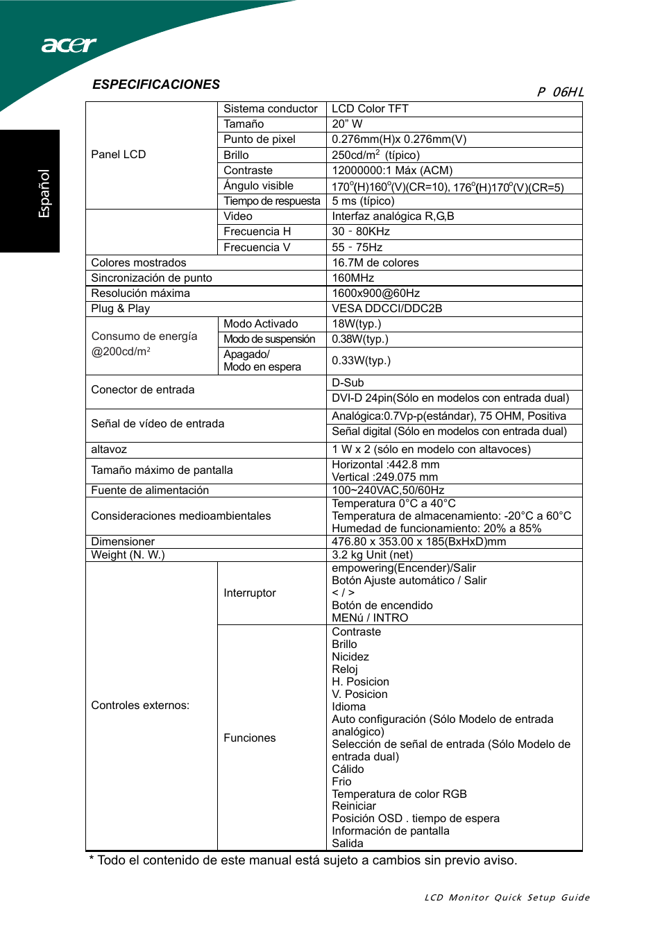 Es p añ o l, P  0 6 hl | Acer P206HL User Manual | Page 10 / 32