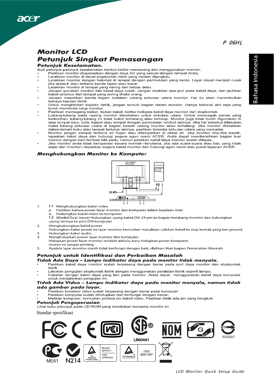 Bahasa indonesia, P  0 6 hl | Acer P206HL User Manual | Page 5 / 32