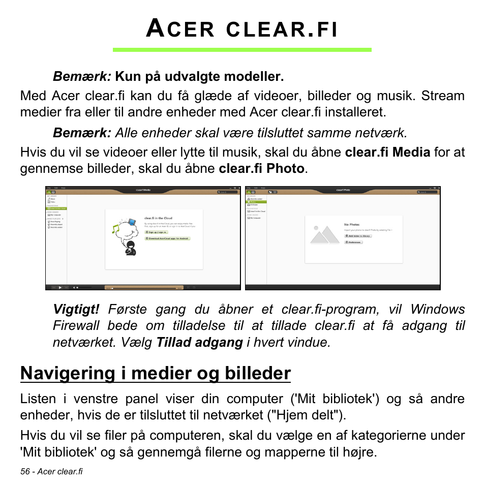 Acer clear.fi, Navigering i medier og billeder, Clear | Acer Aspire M3-581TG User Manual | Page 1006 / 3478