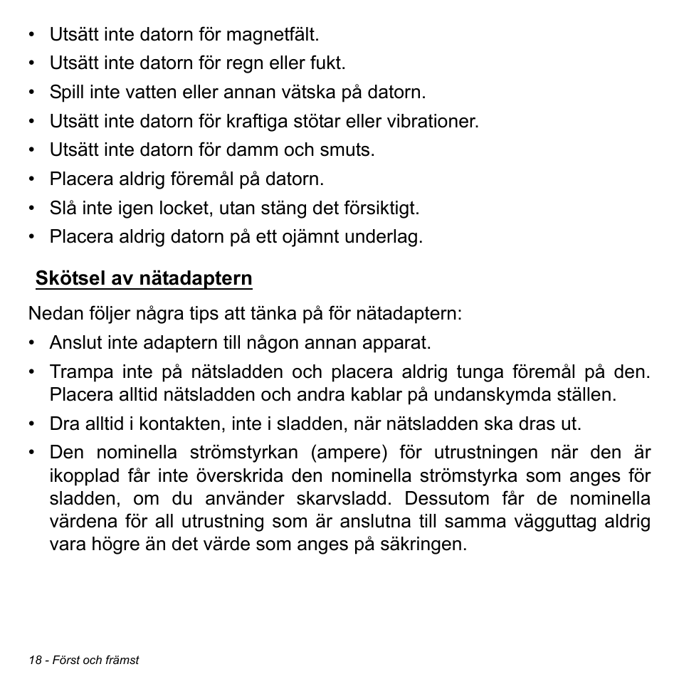 Skötsel av nätadaptern | Acer Aspire M3-581TG User Manual | Page 1080 / 3478
