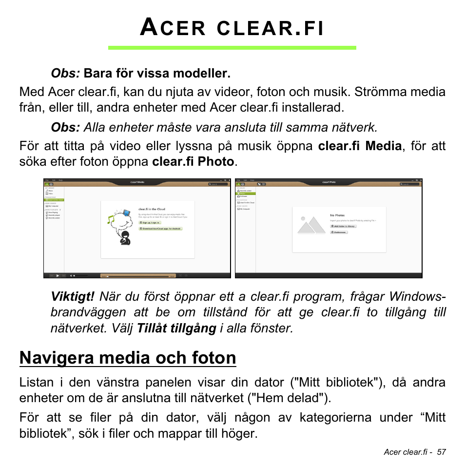 Acer clear.fi, Navigera media och foton, Clear | Acer Aspire M3-581TG User Manual | Page 1119 / 3478