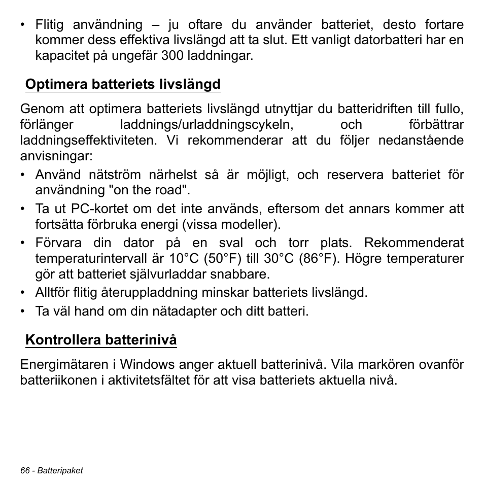 Optimera batteriets livslängd, Kontrollera batterinivå | Acer Aspire M3-581TG User Manual | Page 1128 / 3478