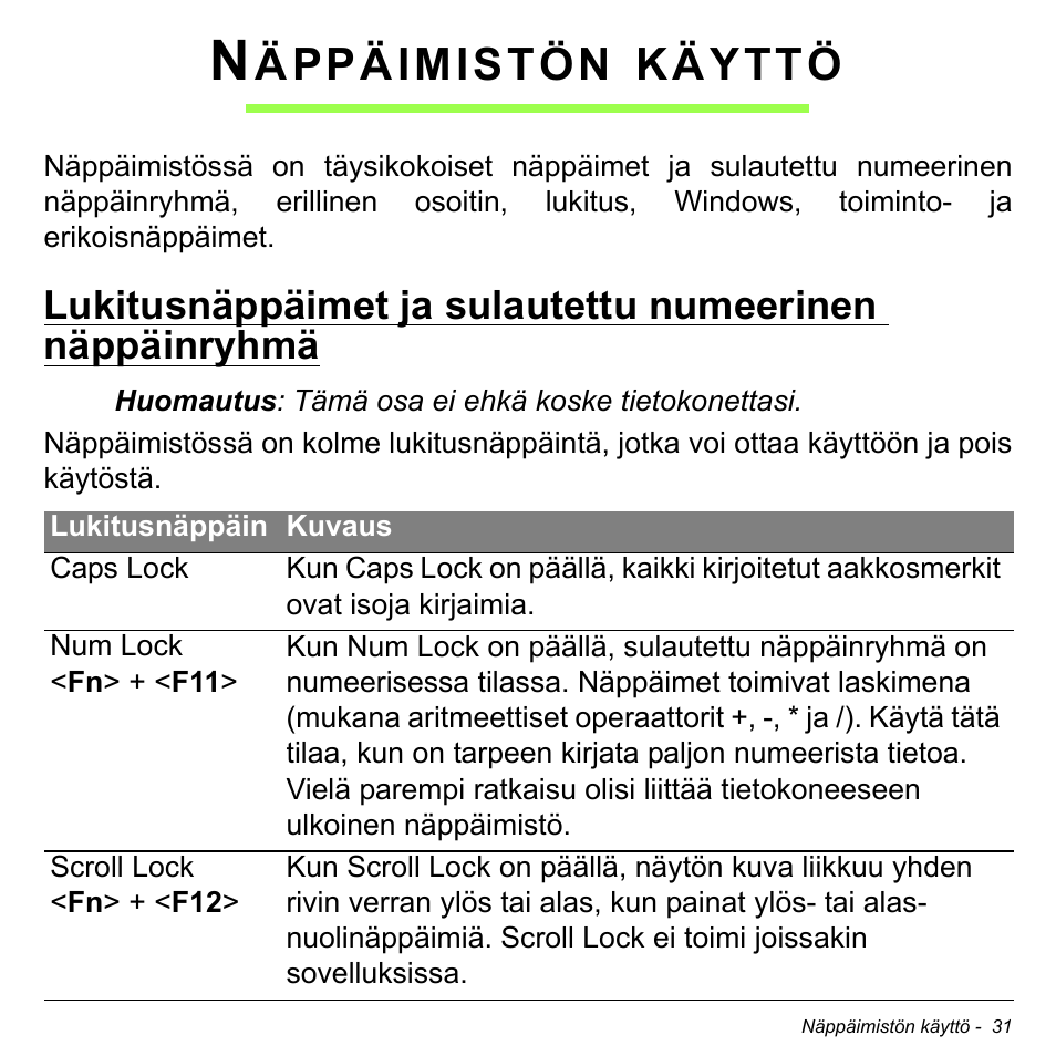 Näppäimistön käyttö, Äppäimistön, Käyttö | Acer Aspire M3-581TG User Manual | Page 1205 / 3478
