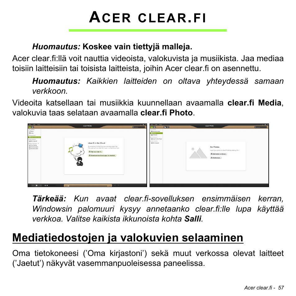 Acer clear.fi, Mediatiedostojen ja valokuvien selaaminen, Clear | Acer Aspire M3-581TG User Manual | Page 1231 / 3478