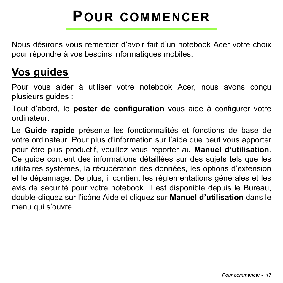 Pour commencer, Vos guides, Commencer | Acer Aspire M3-581TG User Manual | Page 129 / 3478