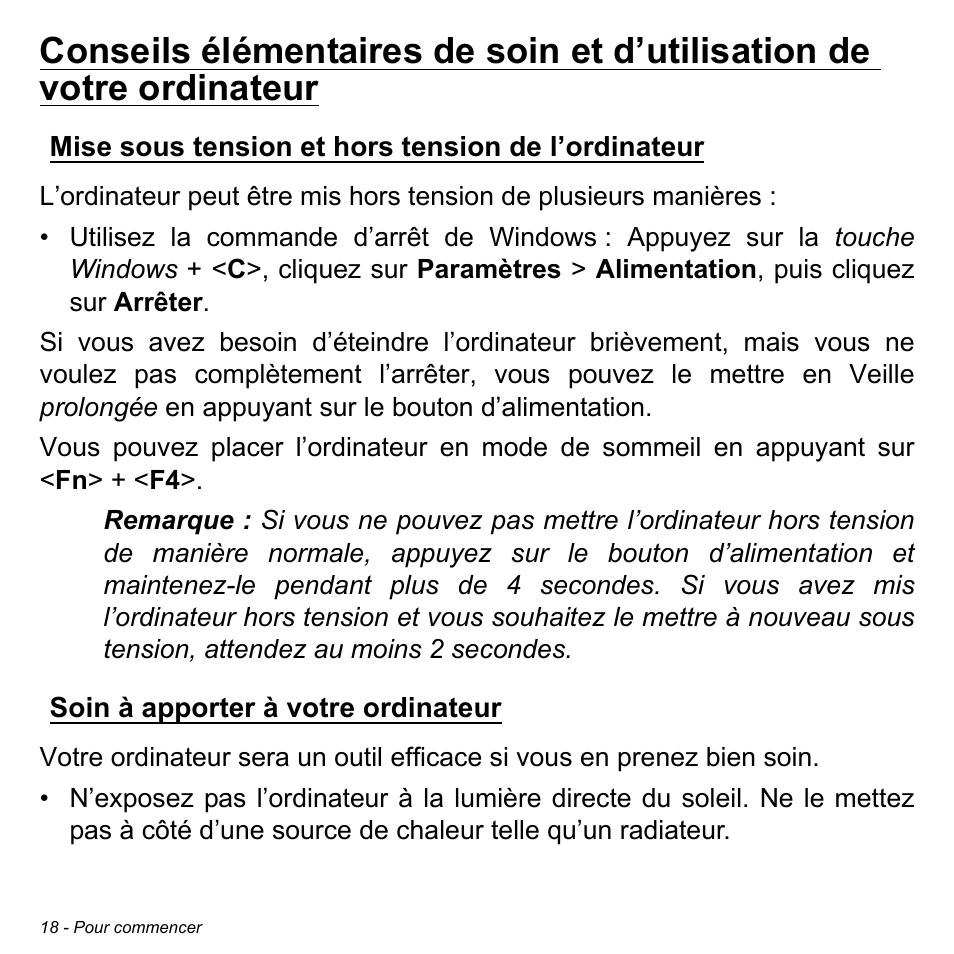 Mise sous tension et hors tension de l’ordinateur, Soin à apporter à votre ordinateur | Acer Aspire M3-581TG User Manual | Page 130 / 3478