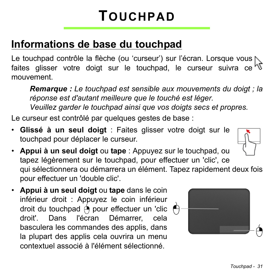 Touchpad, Informations de base du touchpad, Ouchpad | Acer Aspire M3-581TG User Manual | Page 143 / 3478