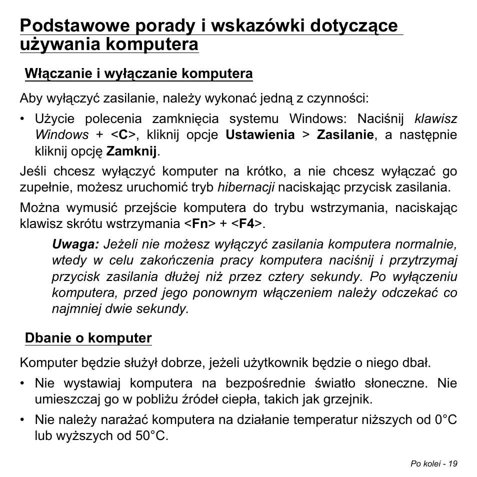 Włączanie i wyłączanie komputera, Dbanie o komputer, Włączanie i wyłączanie komputera dbanie o komputer | Acer Aspire M3-581TG User Manual | Page 1437 / 3478