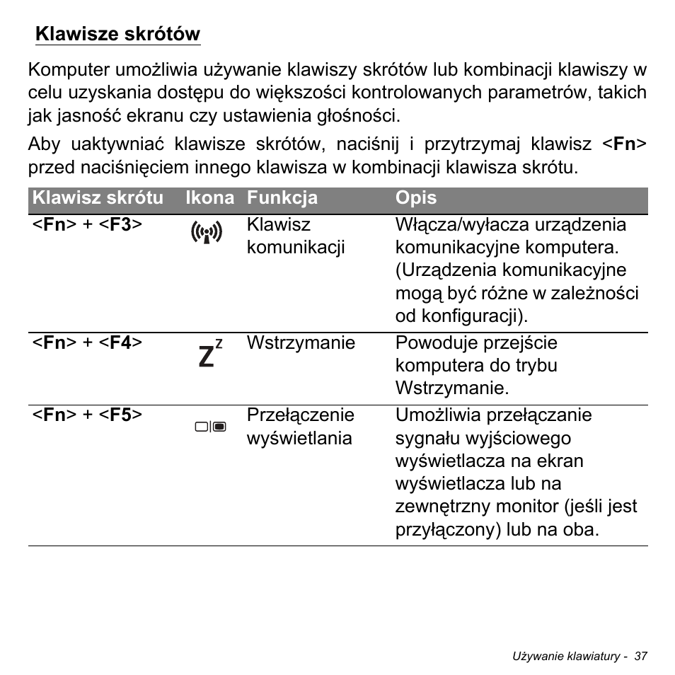 Klawisze skrótów | Acer Aspire M3-581TG User Manual | Page 1455 / 3478