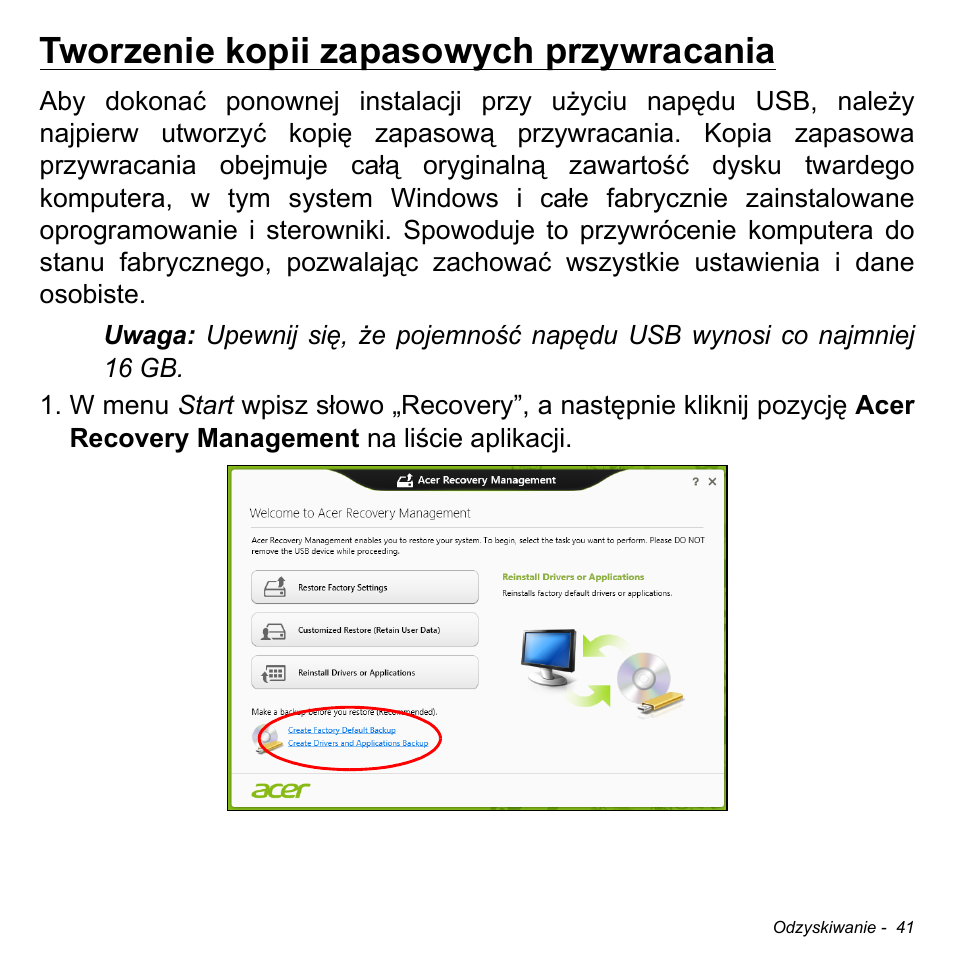 Tworzenie kopii zapasowych przywracania | Acer Aspire M3-581TG User Manual | Page 1459 / 3478