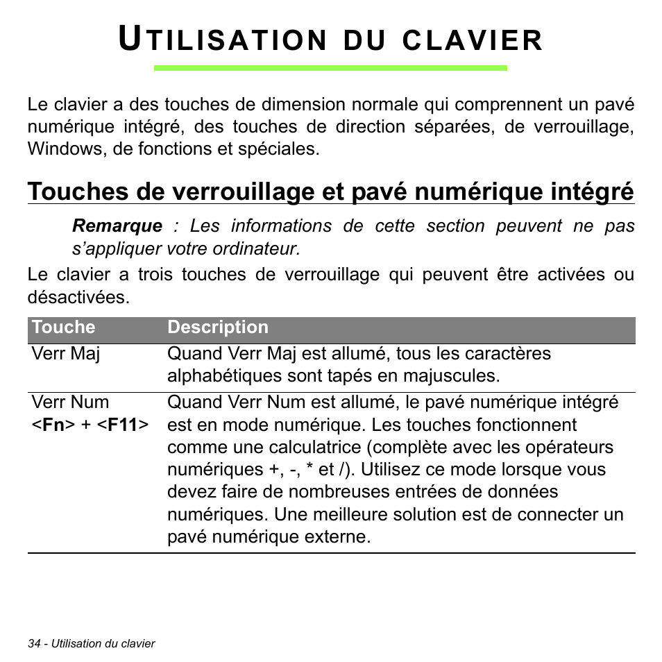 Utilisation du clavier, Touches de verrouillage et pavé numérique intégré, Tilisation | Clavier | Acer Aspire M3-581TG User Manual | Page 146 / 3478