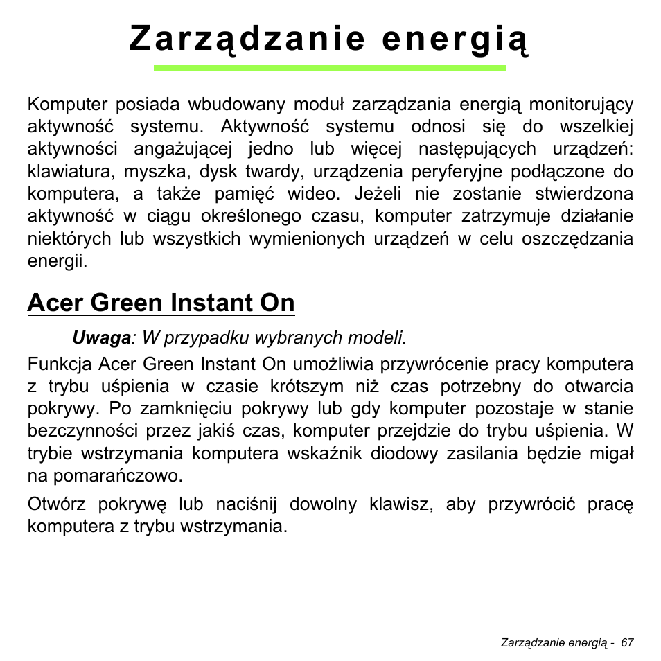 Zarządzanie energią, Acer green instant on | Acer Aspire M3-581TG User Manual | Page 1485 / 3478