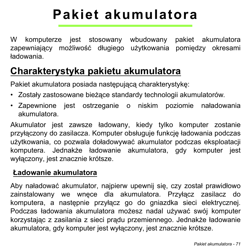 Pakiet akumulatora, Charakterystyka pakietu akumulatora, Ładowanie akumulatora | Acer Aspire M3-581TG User Manual | Page 1489 / 3478