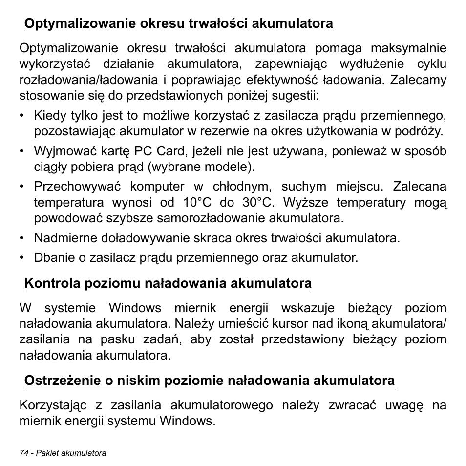 Optymalizowanie okresu trwałości akumulatora, Kontrola poziomu naładowania akumulatora | Acer Aspire M3-581TG User Manual | Page 1492 / 3478