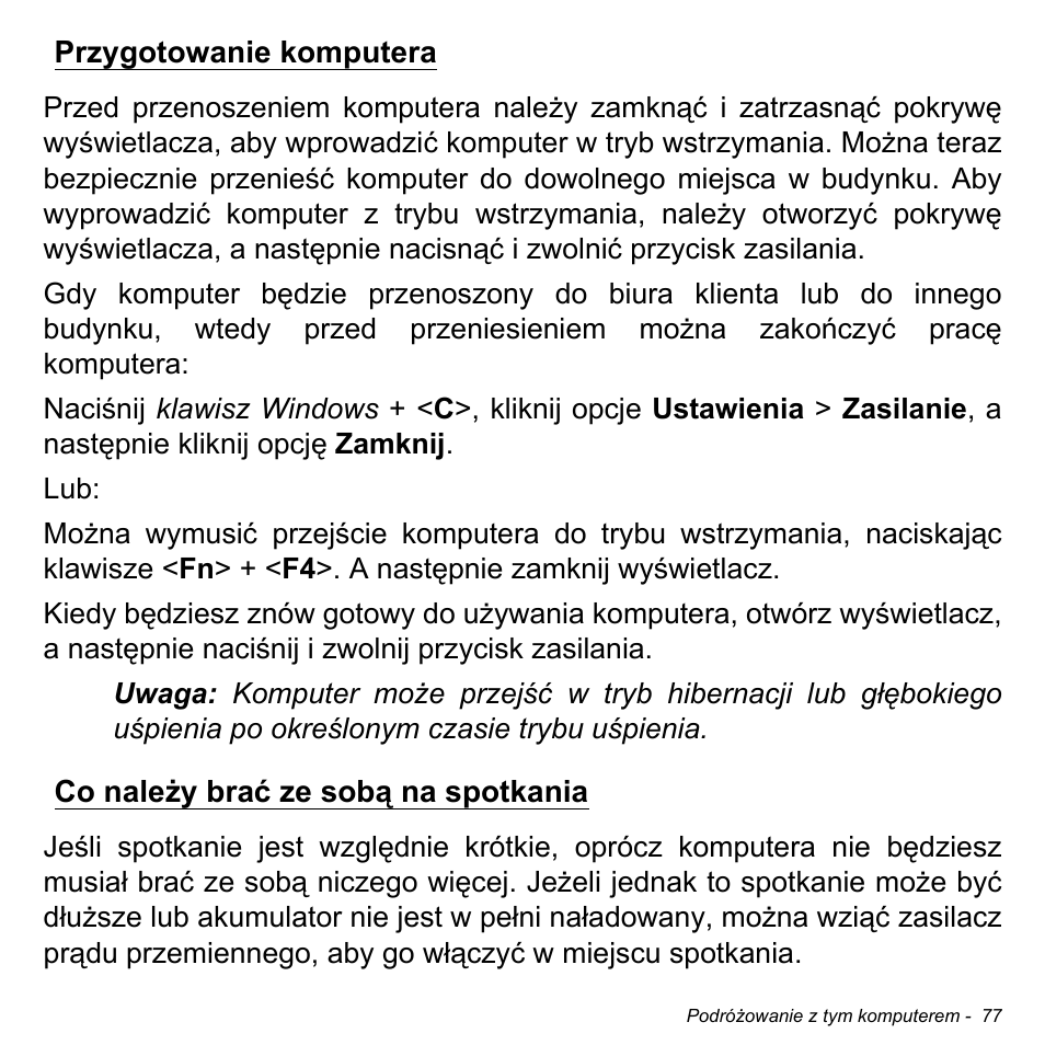 Przygotowanie komputera, Co należy brać ze sobą na spotkania | Acer Aspire M3-581TG User Manual | Page 1495 / 3478