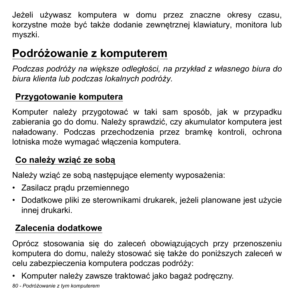 Podróżowanie z komputerem, Przygotowanie komputera, Co należy wziąć ze sobą | Zalecenia dodatkowe | Acer Aspire M3-581TG User Manual | Page 1498 / 3478