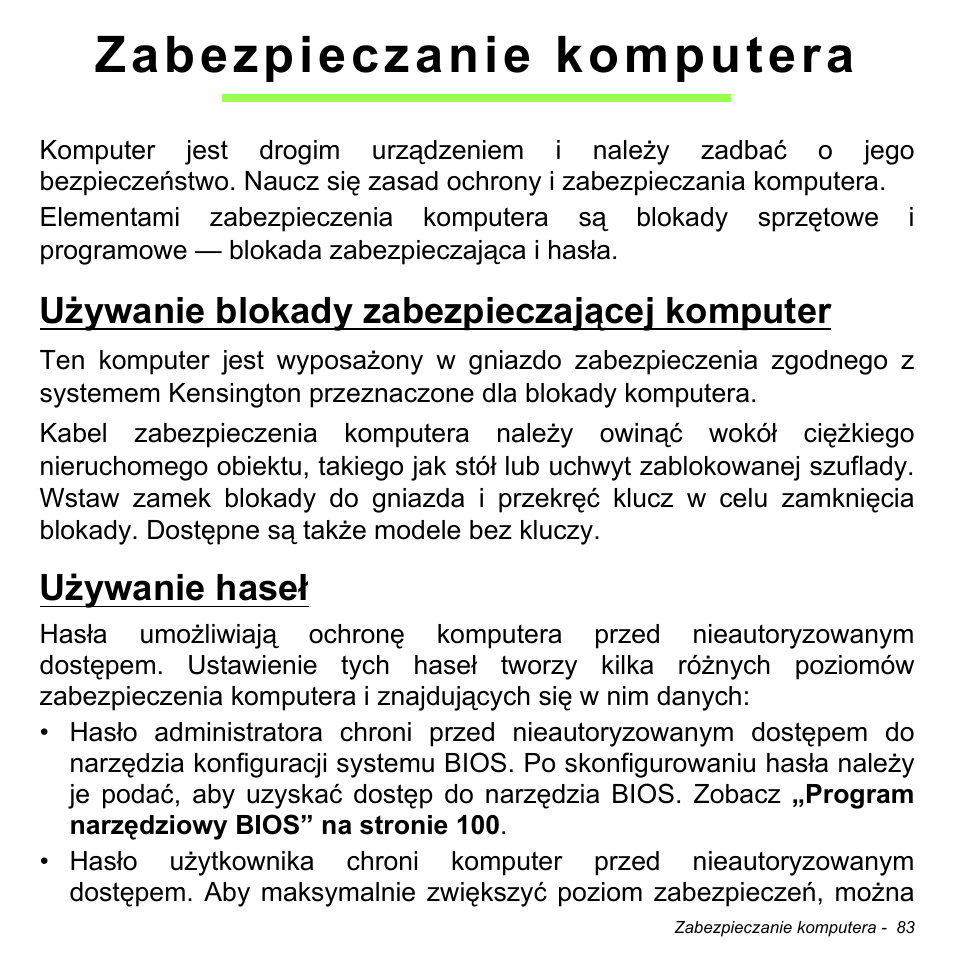 Zabezpieczanie komputera, Używanie blokady zabezpieczającej komputer, Używanie haseł | Używanie blokady zabezpieczającej, Komputer używanie haseł | Acer Aspire M3-581TG User Manual | Page 1501 / 3478