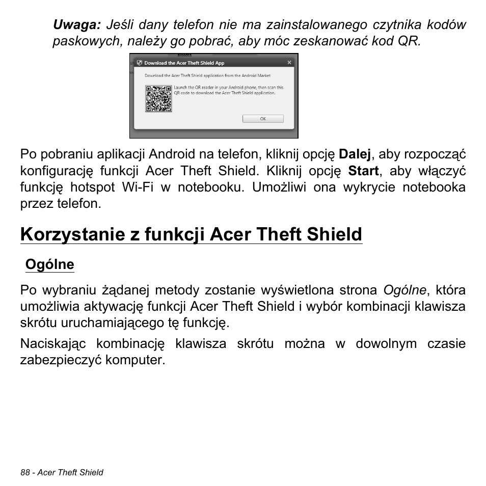 Korzystanie z funkcji acer theft shield, Ogólne | Acer Aspire M3-581TG User Manual | Page 1506 / 3478