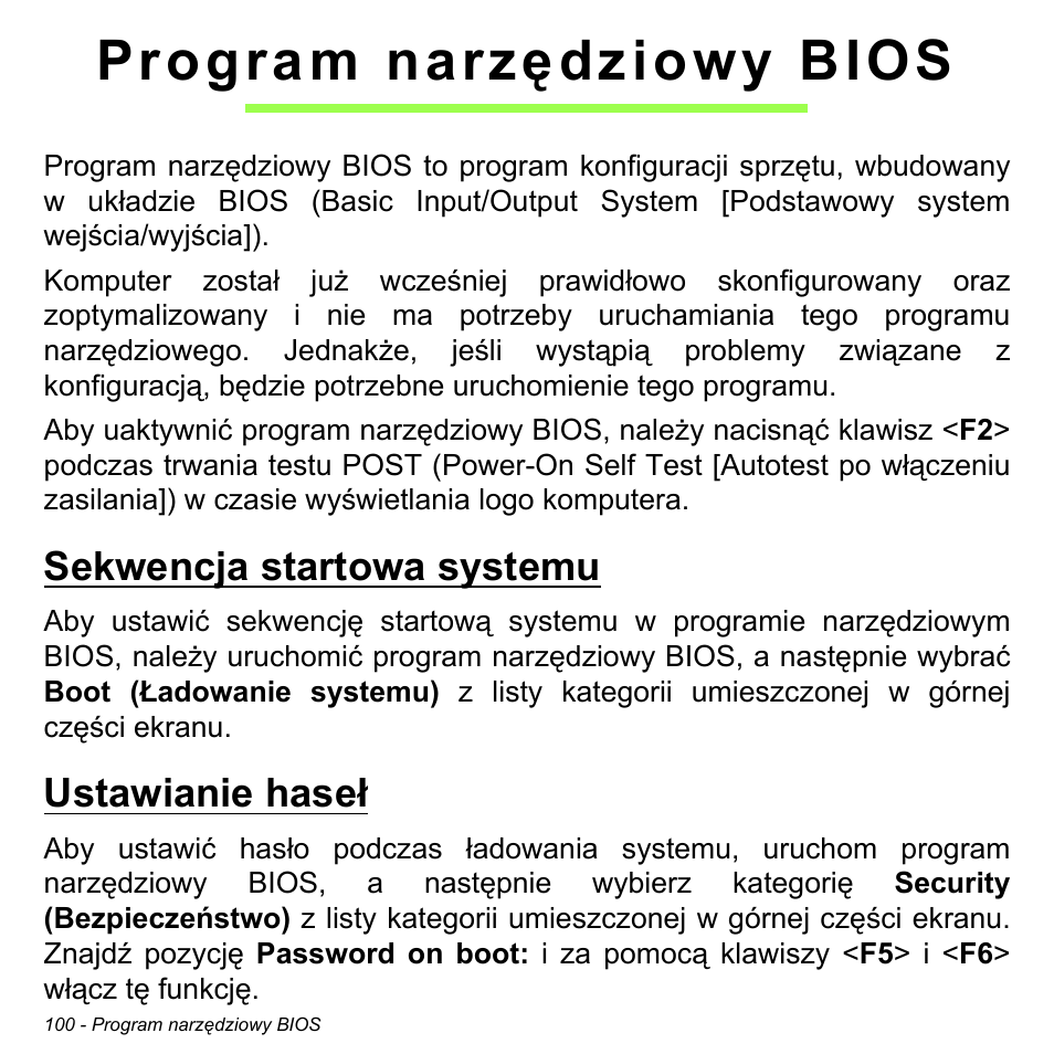 Program narzędziowy bios, Sekwencja startowa systemu, Ustawianie haseł | Sekwencja startowa systemu ustawianie haseł | Acer Aspire M3-581TG User Manual | Page 1518 / 3478