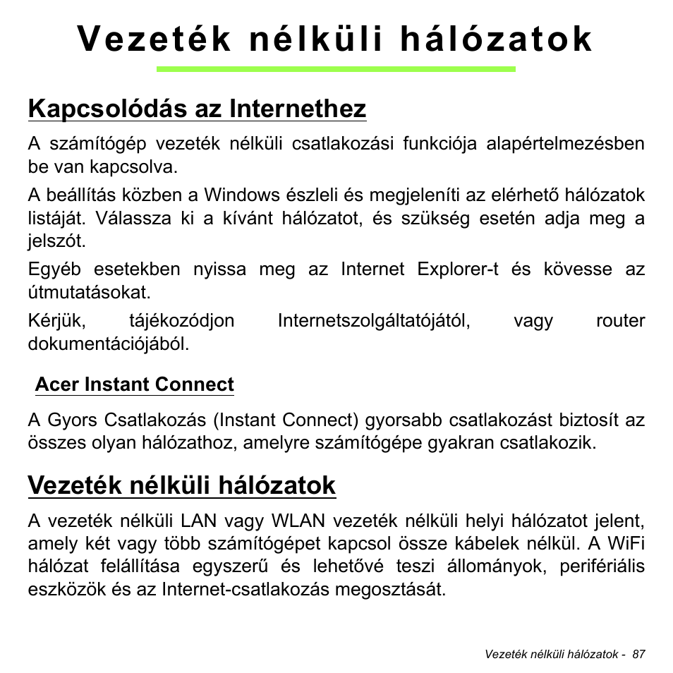 Vezeték nélküli hálózatok, Kapcsolódás az internethez, Acer instant connect | Acer Aspire M3-581TG User Manual | Page 1629 / 3478