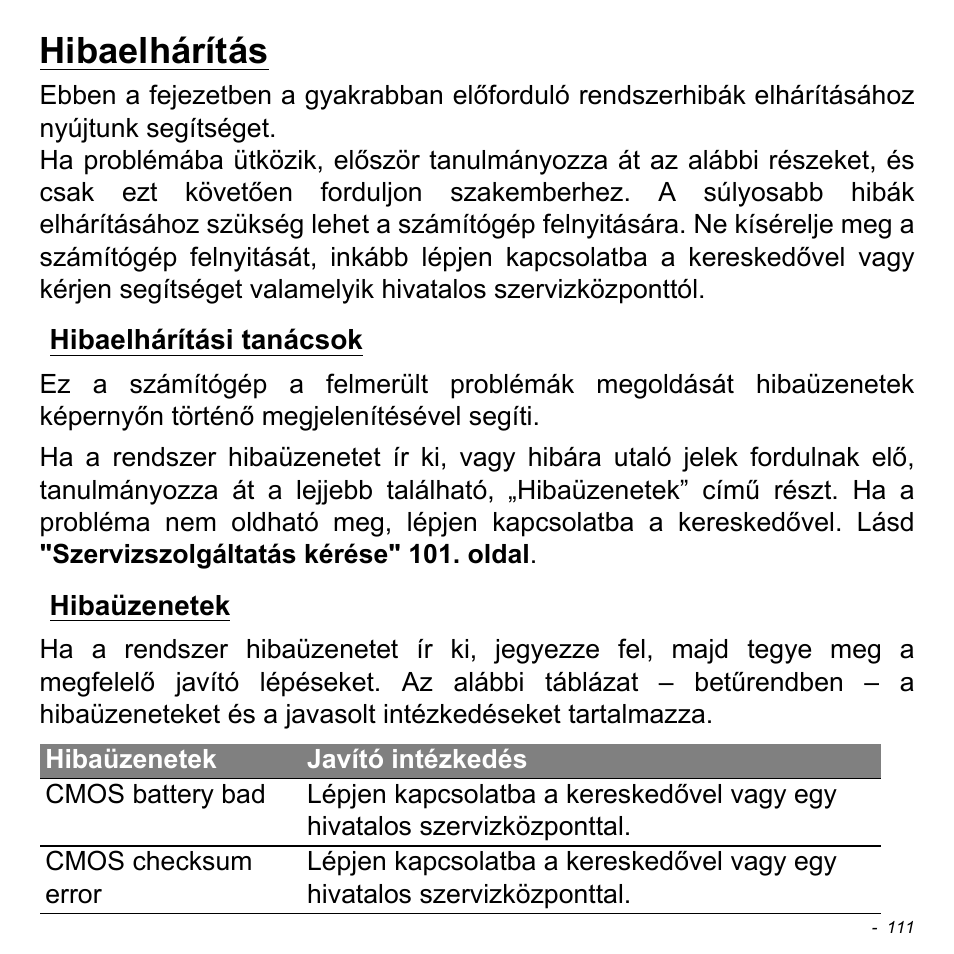 Hibaelhárítás, Hibaelhárítási tanácsok, Hibaüzenetek | Hibaelhárítási tanácsok hibaüzenetek | Acer Aspire M3-581TG User Manual | Page 1653 / 3478
