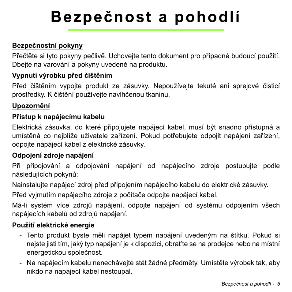 Bezpečnost a pohodlí | Acer Aspire M3-581TG User Manual | Page 1669 / 3478