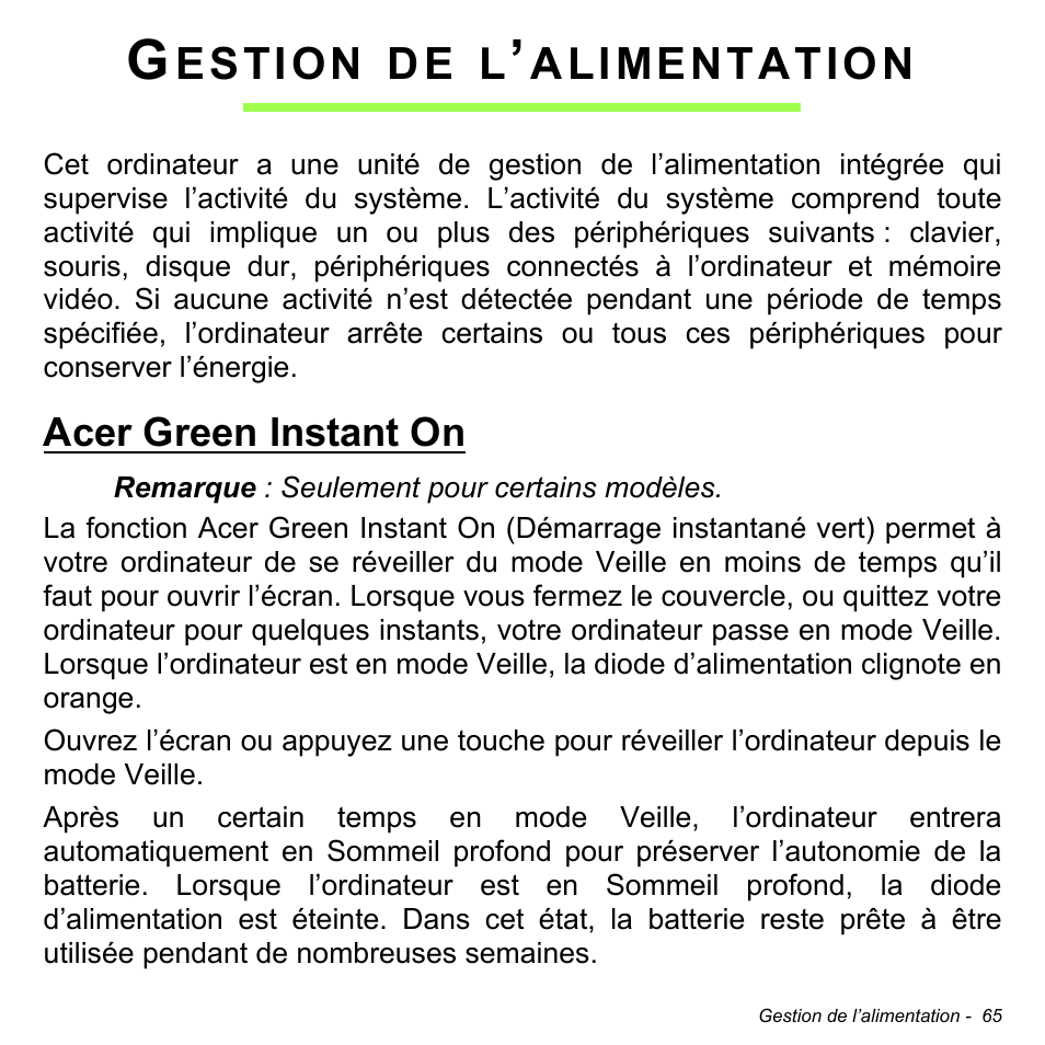 Gestion de l’alimentation, Acer green instant on | Acer Aspire M3-581TG User Manual | Page 177 / 3478