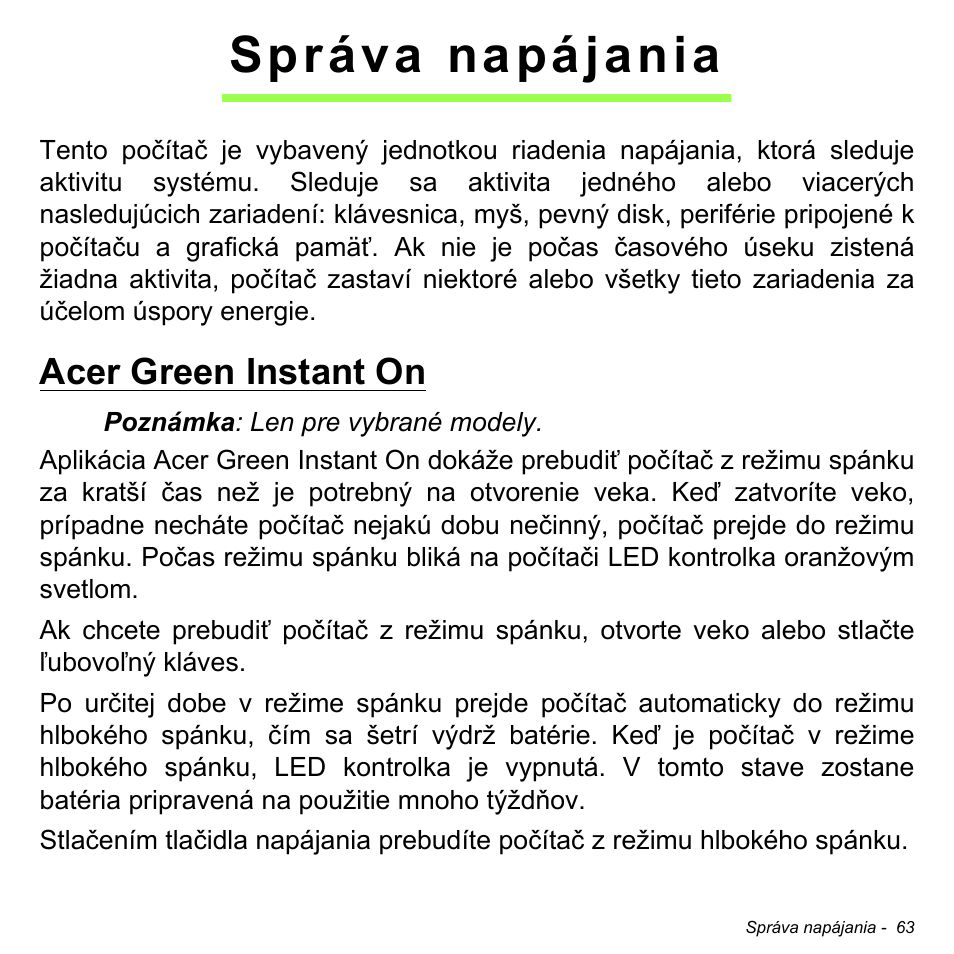 Správa napájania, Acer green instant on | Acer Aspire M3-581TG User Manual | Page 1841 / 3478