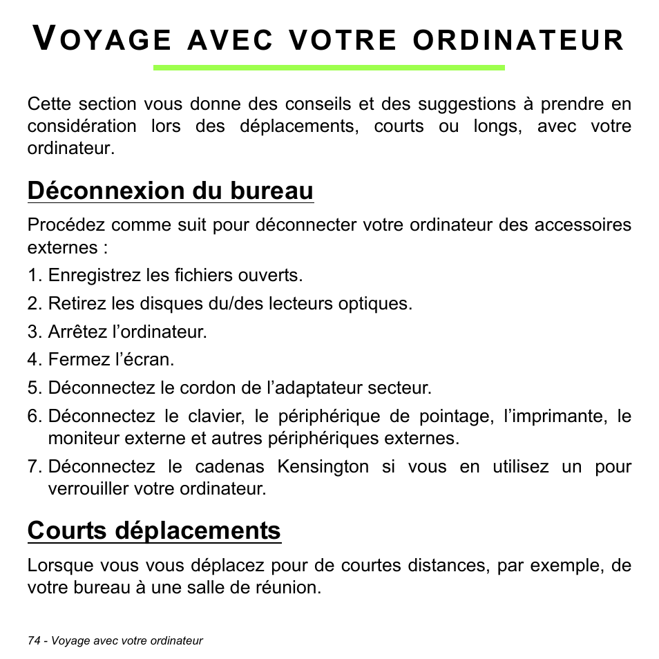 Voyage avec votre ordinateur, Déconnexion du bureau, Courts déplacements | Déconnexion du bureau courts déplacements, Oyage, Avec, Votre, Ordinateur | Acer Aspire M3-581TG User Manual | Page 186 / 3478