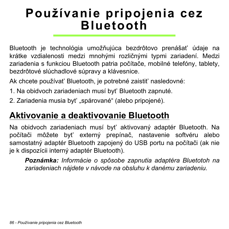 Používanie pripojenia cez bluetooth, Aktivovanie a deaktivovanie bluetooth, Používanie pripojenia cez bluetooth 86 | Acer Aspire M3-581TG User Manual | Page 1864 / 3478