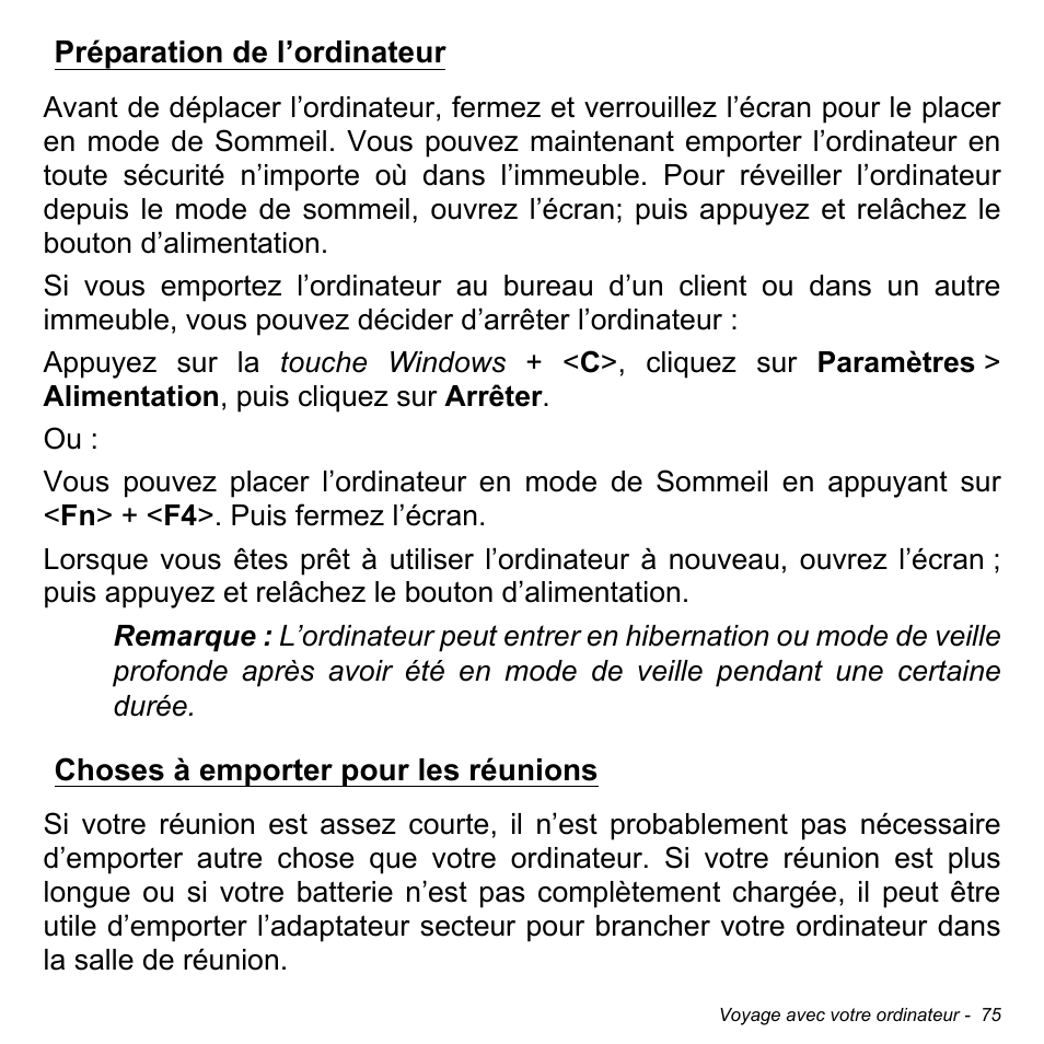 Préparation de l’ordinateur, Choses à emporter pour les réunions | Acer Aspire M3-581TG User Manual | Page 187 / 3478