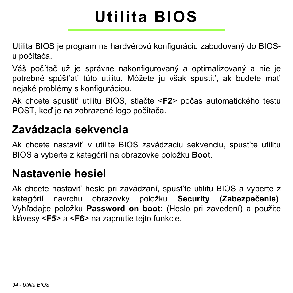 Utilita bios, Zavádzacia sekvencia, Nastavenie hesiel | Acer Aspire M3-581TG User Manual | Page 1872 / 3478