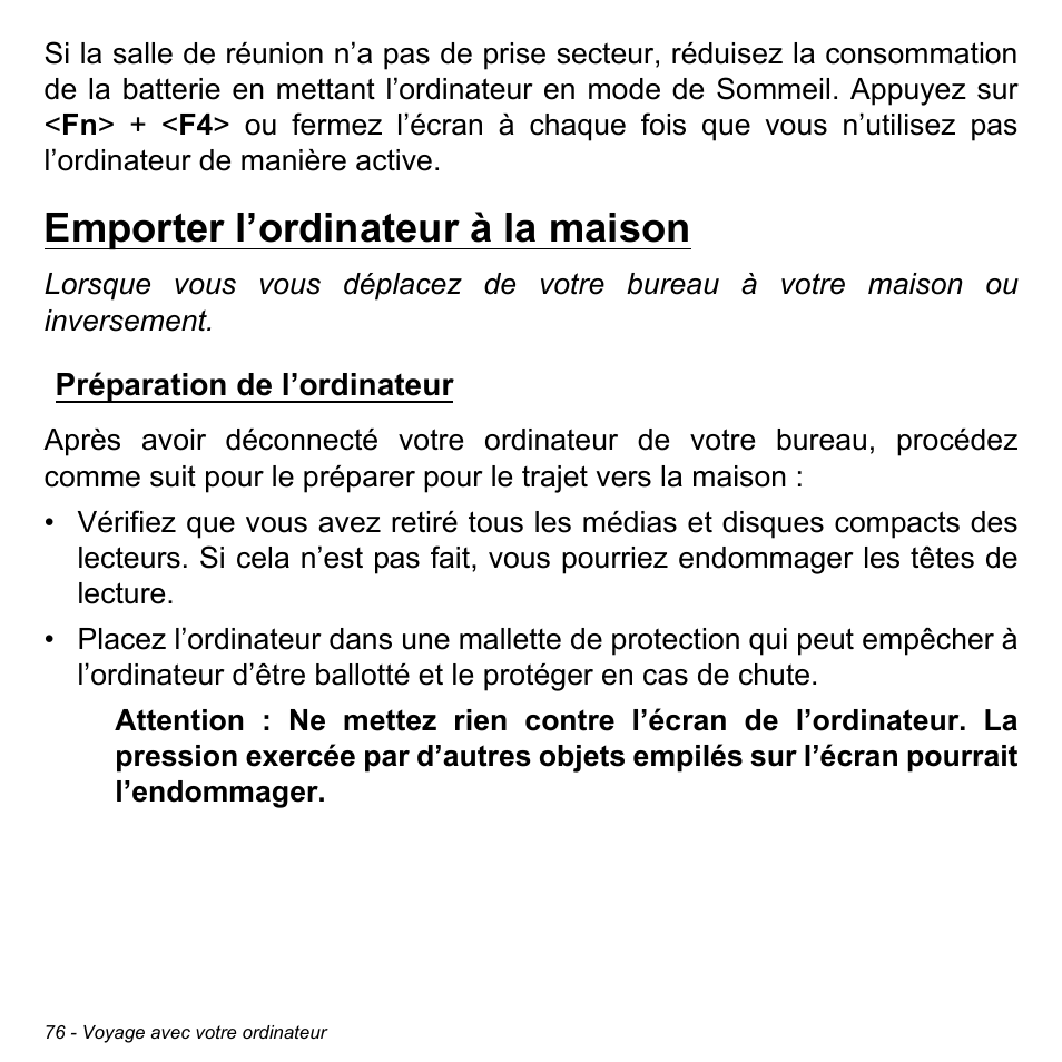 Emporter l’ordinateur à la maison, Préparation de l’ordinateur | Acer Aspire M3-581TG User Manual | Page 188 / 3478