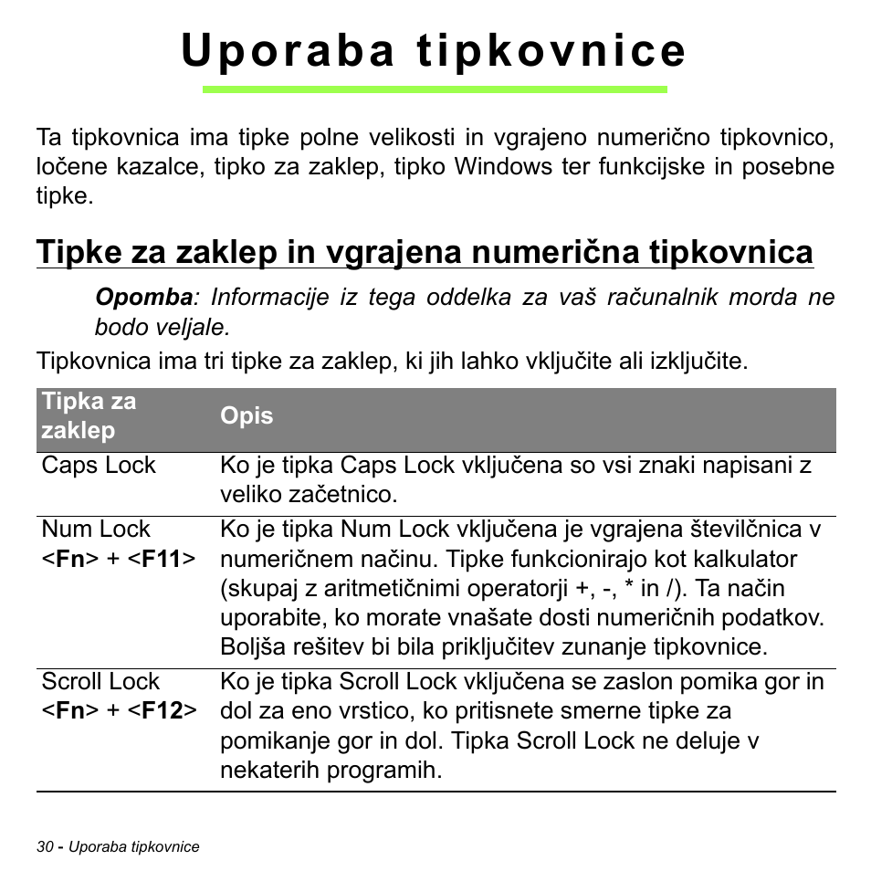 Uporaba tipkovnice, Tipke za zaklep in vgrajena numerična tipkovnica | Acer Aspire M3-581TG User Manual | Page 1924 / 3478