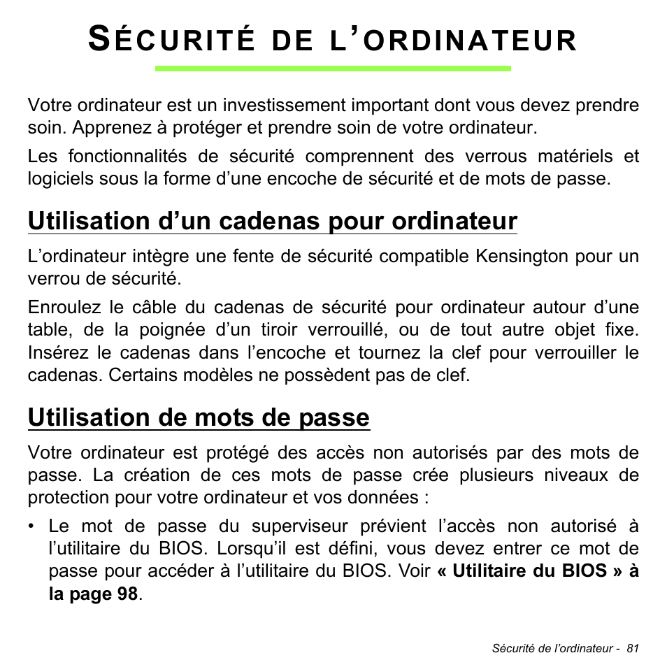 Sécurité de l’ordinateur, Utilisation d’un cadenas pour ordinateur, Utilisation de mots de passe | Acer Aspire M3-581TG User Manual | Page 193 / 3478