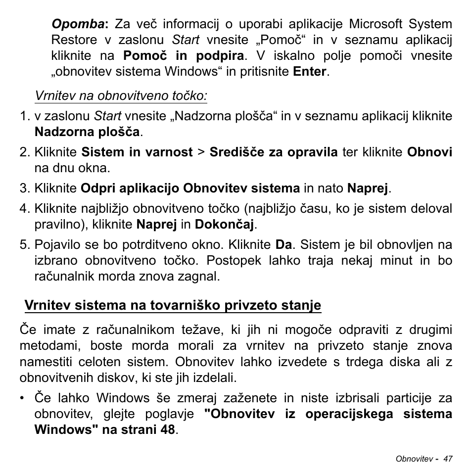 Vrnitev sistema na tovarniško privzeto stanje | Acer Aspire M3-581TG User Manual | Page 1941 / 3478