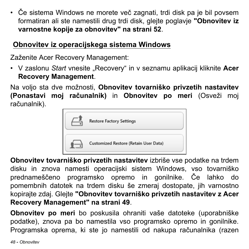 Obnovitev iz operacijskega sistema windows | Acer Aspire M3-581TG User Manual | Page 1942 / 3478