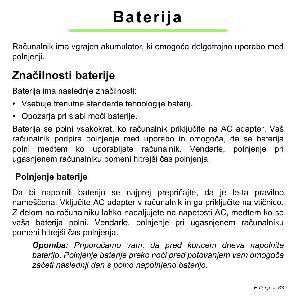 Baterija, Značilnosti baterije, Polnjenje baterije | Acer Aspire M3-581TG User Manual | Page 1957 / 3478