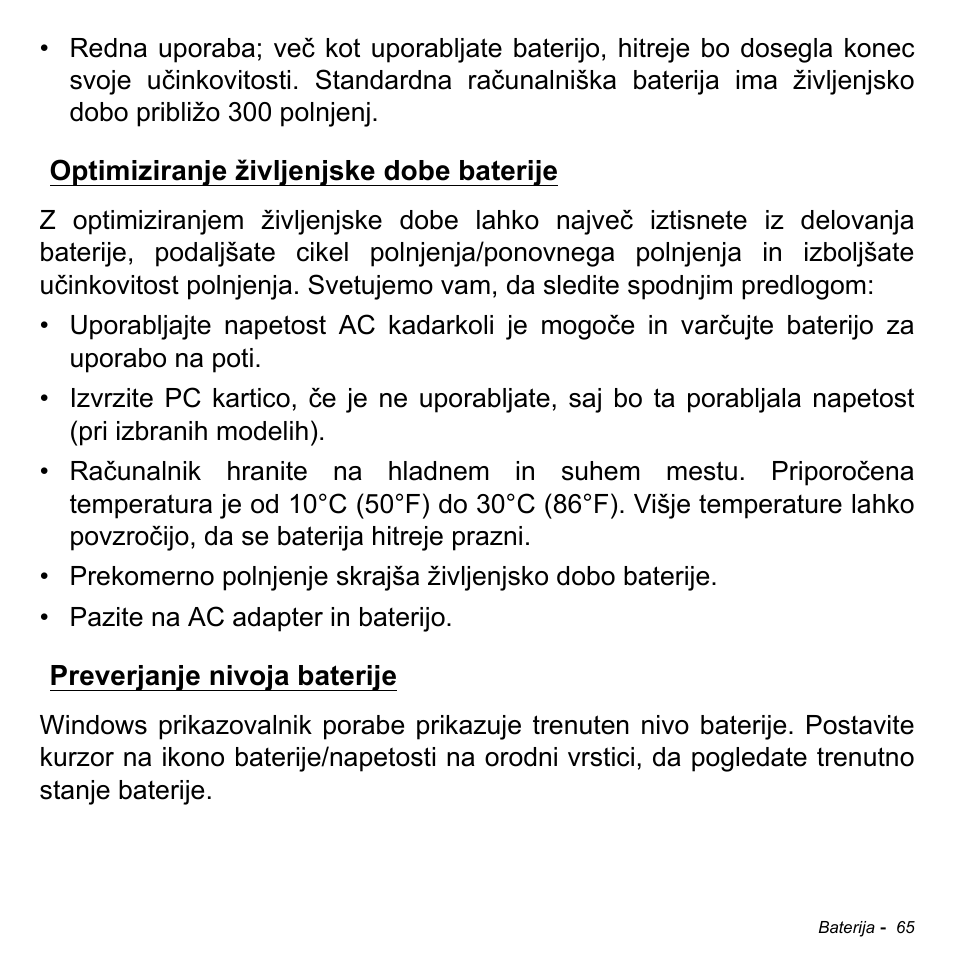 Optimiziranje življenjske dobe baterije, Preverjanje nivoja baterije | Acer Aspire M3-581TG User Manual | Page 1959 / 3478