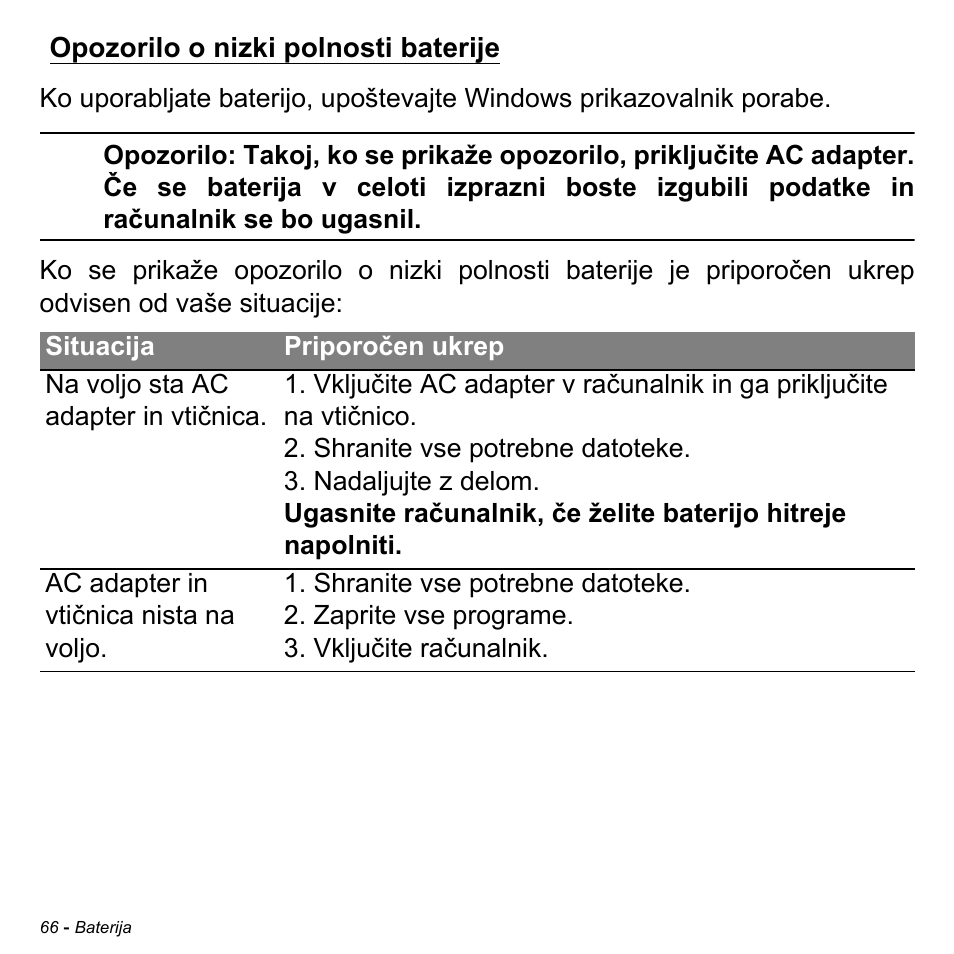 Opozorilo o nizki polnosti baterije | Acer Aspire M3-581TG User Manual | Page 1960 / 3478